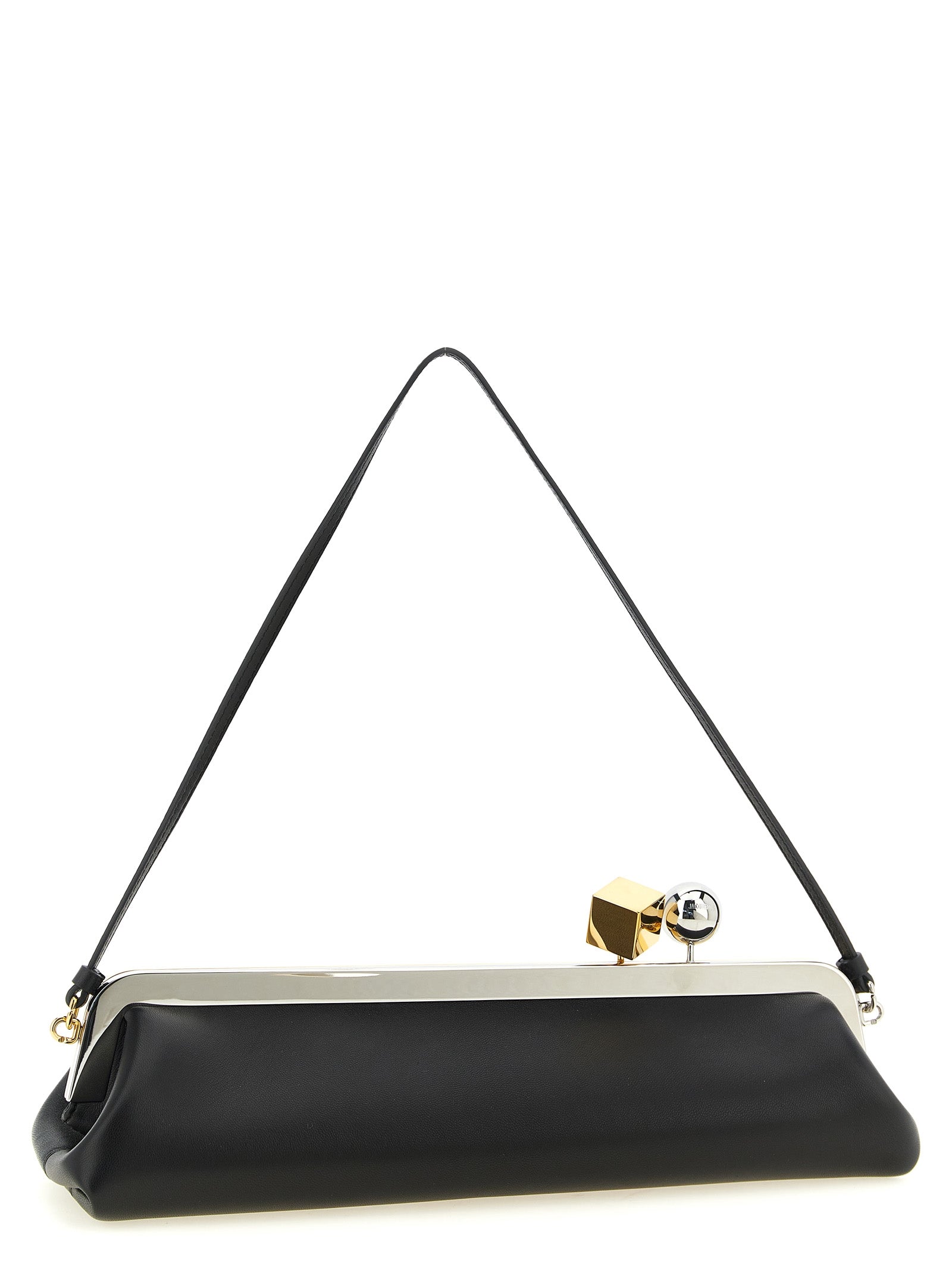Discover the Jacquemus Black Lamb Leather Clutch, a harmonious blend of elegance and architectural charm, crafted for those who embrace sophistication and style.