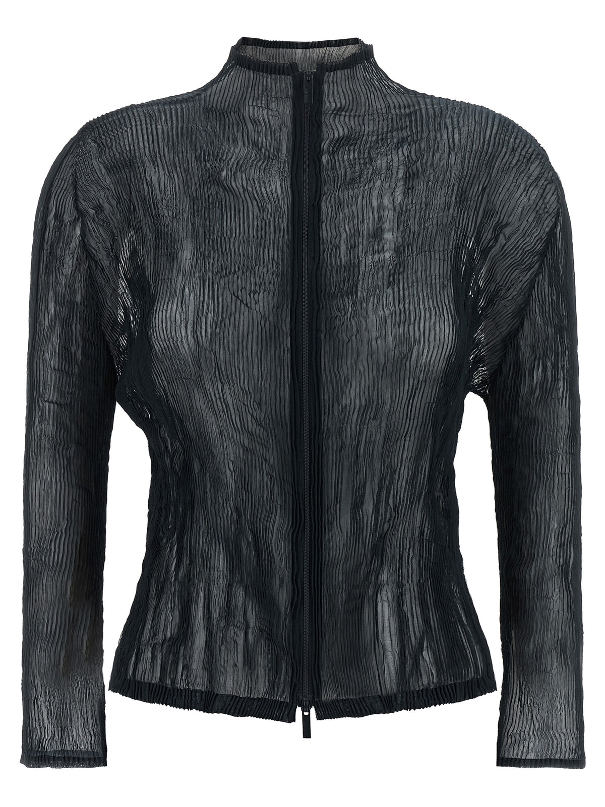 Experience the avant-garde elegance of the Issey Miyake Black Polyester Cardigan, a luxurious statement piece crafted from finely pleated, lightweight fabric, perfect for the discerning individual.