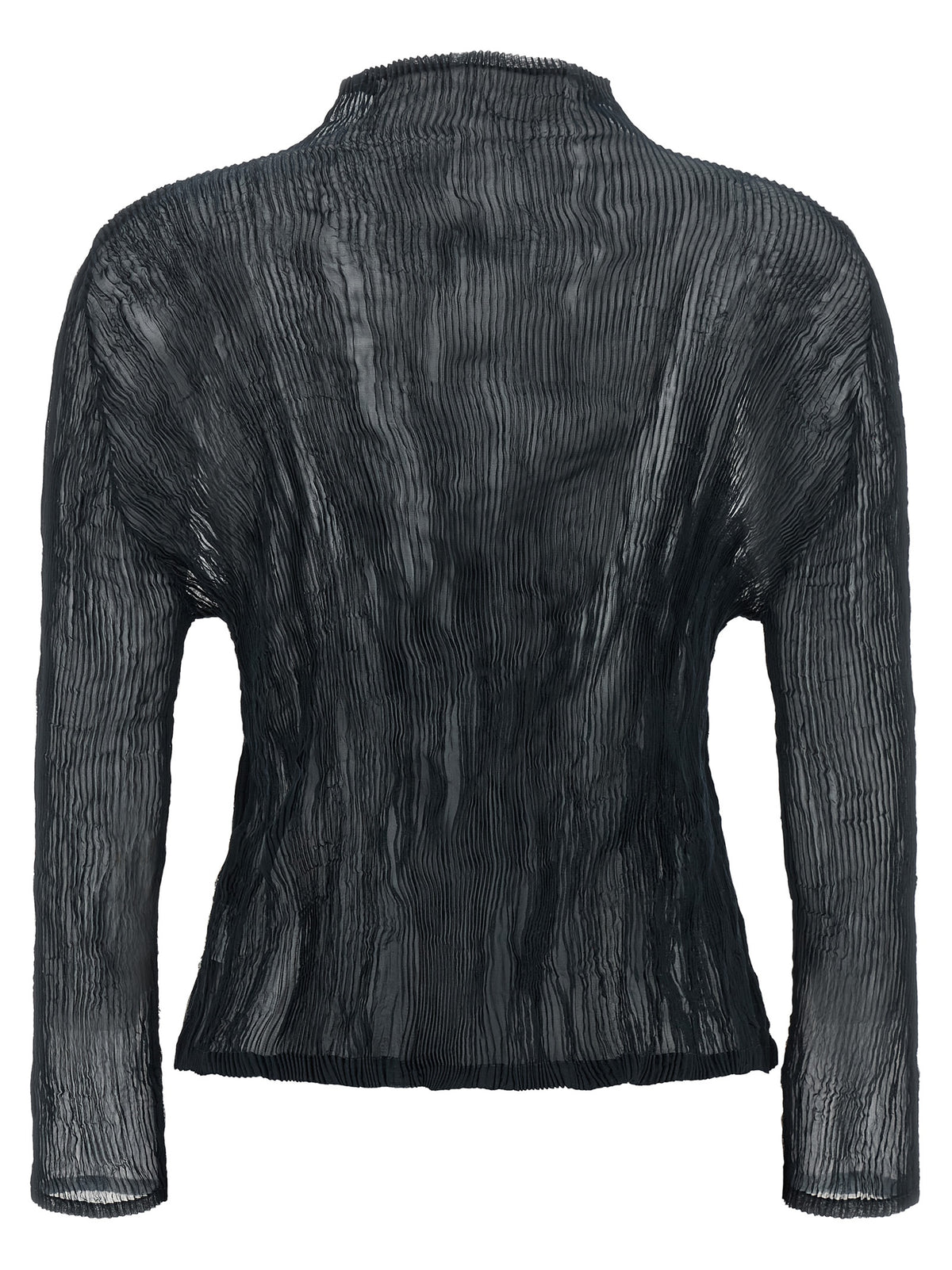 Experience the avant-garde elegance of Issey Miyake's Black Polyester Cardigan, crafted from luxurious semi-transparent fabric, redefining modern sophistication.