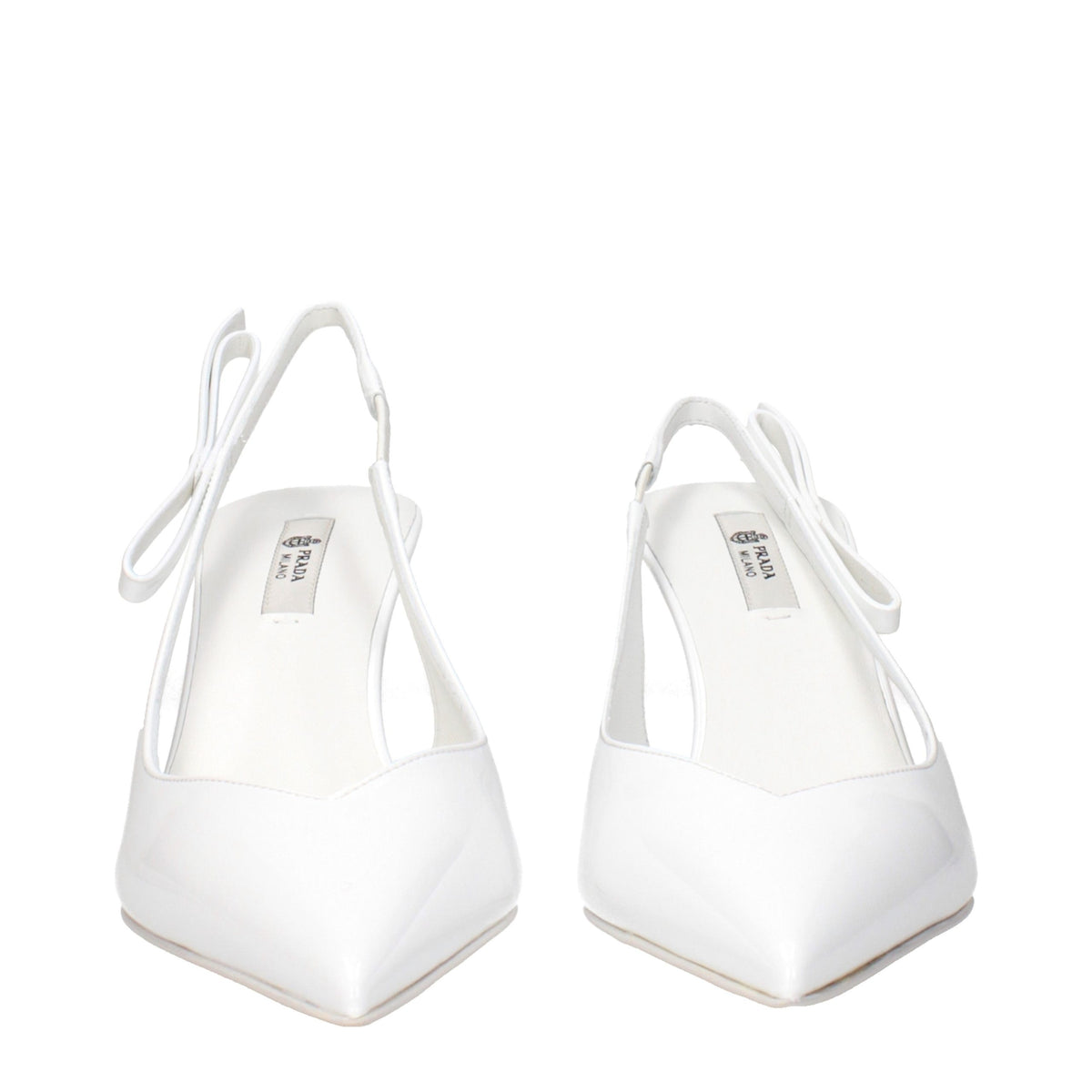Indulge in the exquisite allure of Prada White Leather High Heel Pumps, where luxurious patent leather meets sophisticated design, elevating your style to new heights.