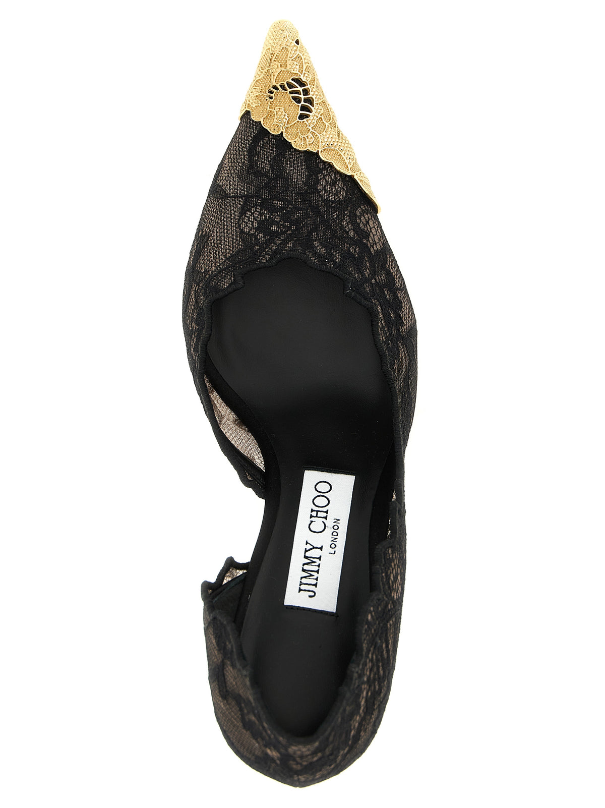 Step into a world of sophistication with Jimmy Choo Black Tencel Mid Heel Pumps, where exquisite lace and vintage gold accents redefine luxury for the discerning connoisseur.
