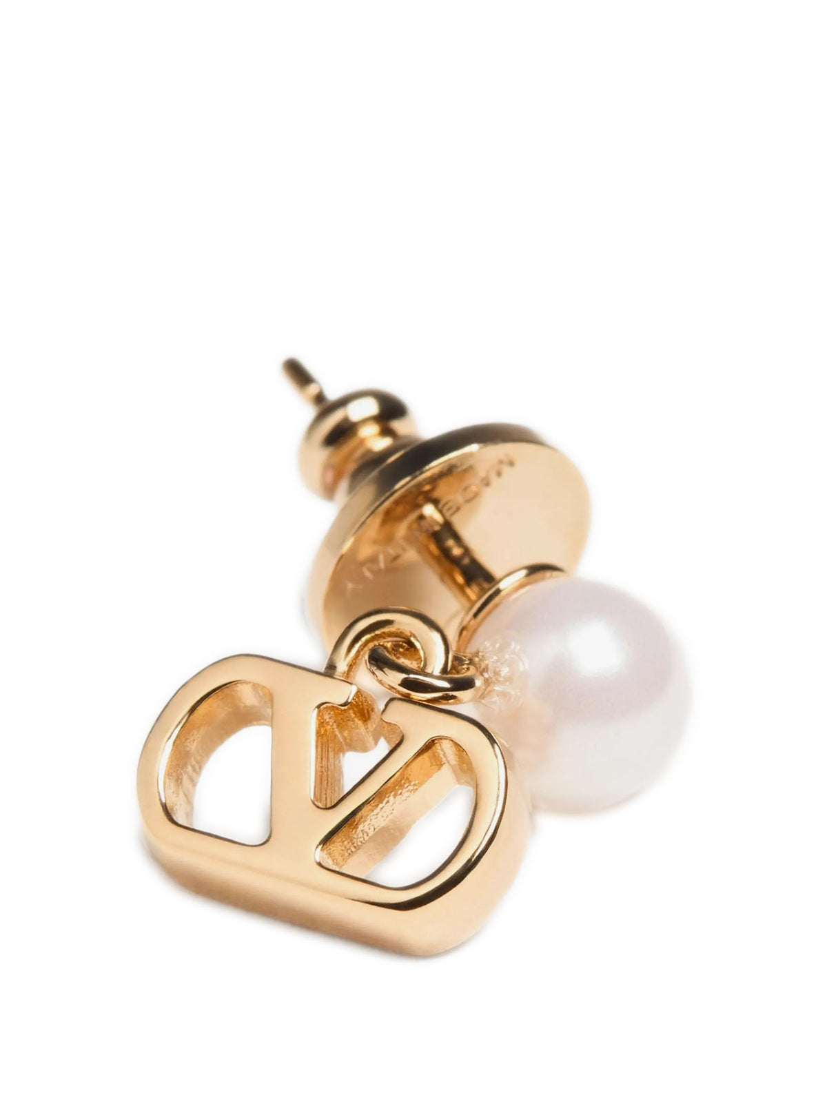 Discover the Valentino Garavani Gold Brass Earrings, a masterpiece of elegance featuring a luminous pearl and iconic pendant, perfect for those who embody luxury and sophistication.