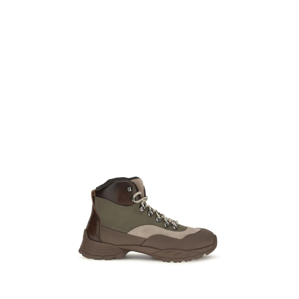 Elevate your outdoor elegance with Brunello Cucinelli's Bicolor Nylon Lace-Up Boots, where refined leather meets technical sophistication for unparalleled style and comfort.