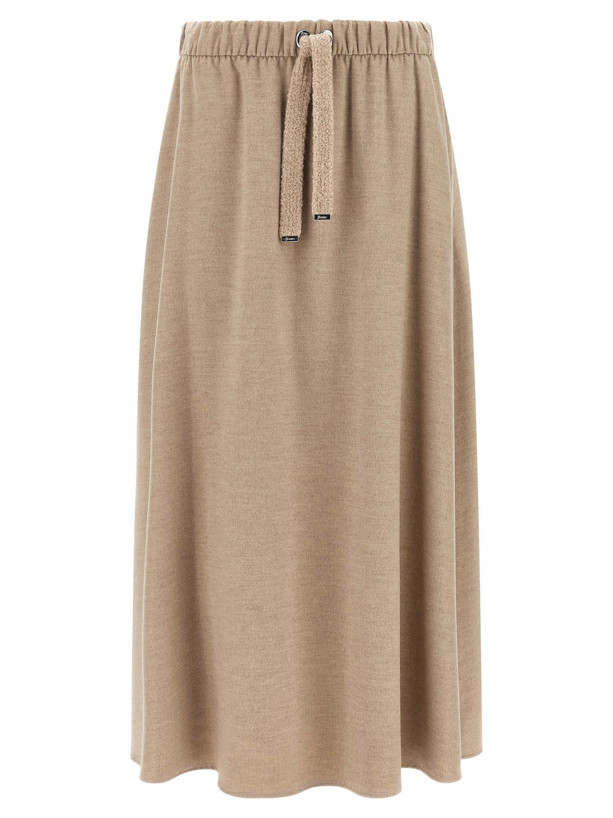 Indulge in the exquisite Herno Beige Polyester Midi Skirt, a luxurious blend of elegance and comfort, perfect for the discerning individual who appreciates timeless sophistication.