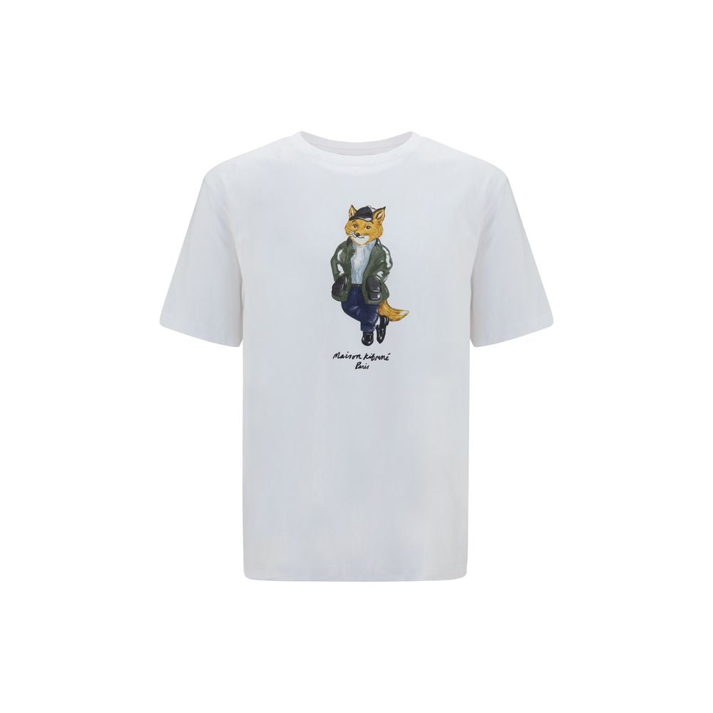 Elevate your style with the Maison Kitsuné White Cotton T-Shirt, a masterpiece of organic cotton featuring the iconic Weekend Fox print, embodying timeless elegance and sophistication.