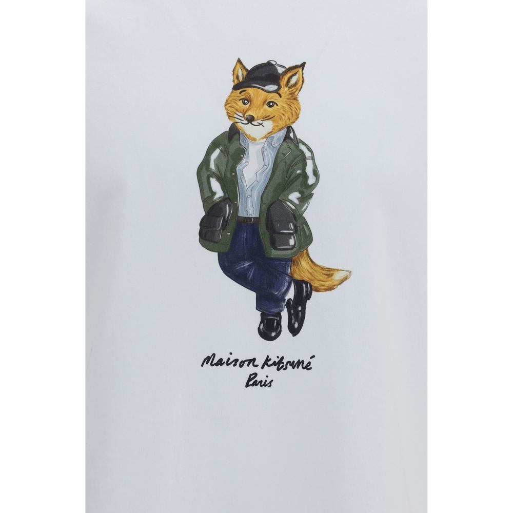 Elevate your style with the Maison Kitsuné White Cotton T-Shirt, crafted from organic cotton, featuring the iconic Weekend Fox print for timeless elegance.