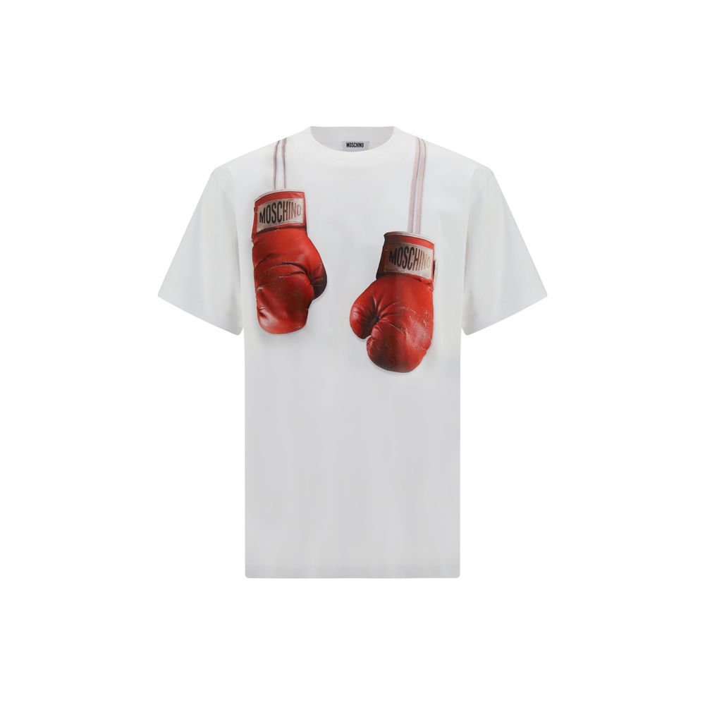 Elevate your wardrobe with the Moschino White Cotton Sportswear T-shirt, featuring a striking boxing gloves print, embodying contemporary elegance and effortless sophistication.