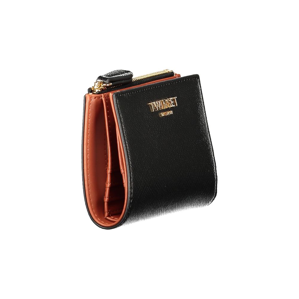 Indulge in the exquisite Twinset Black Polyethylene Wallet, where contrasting brown details and impeccable craftsmanship elevate your accessory collection to new heights of luxury.
