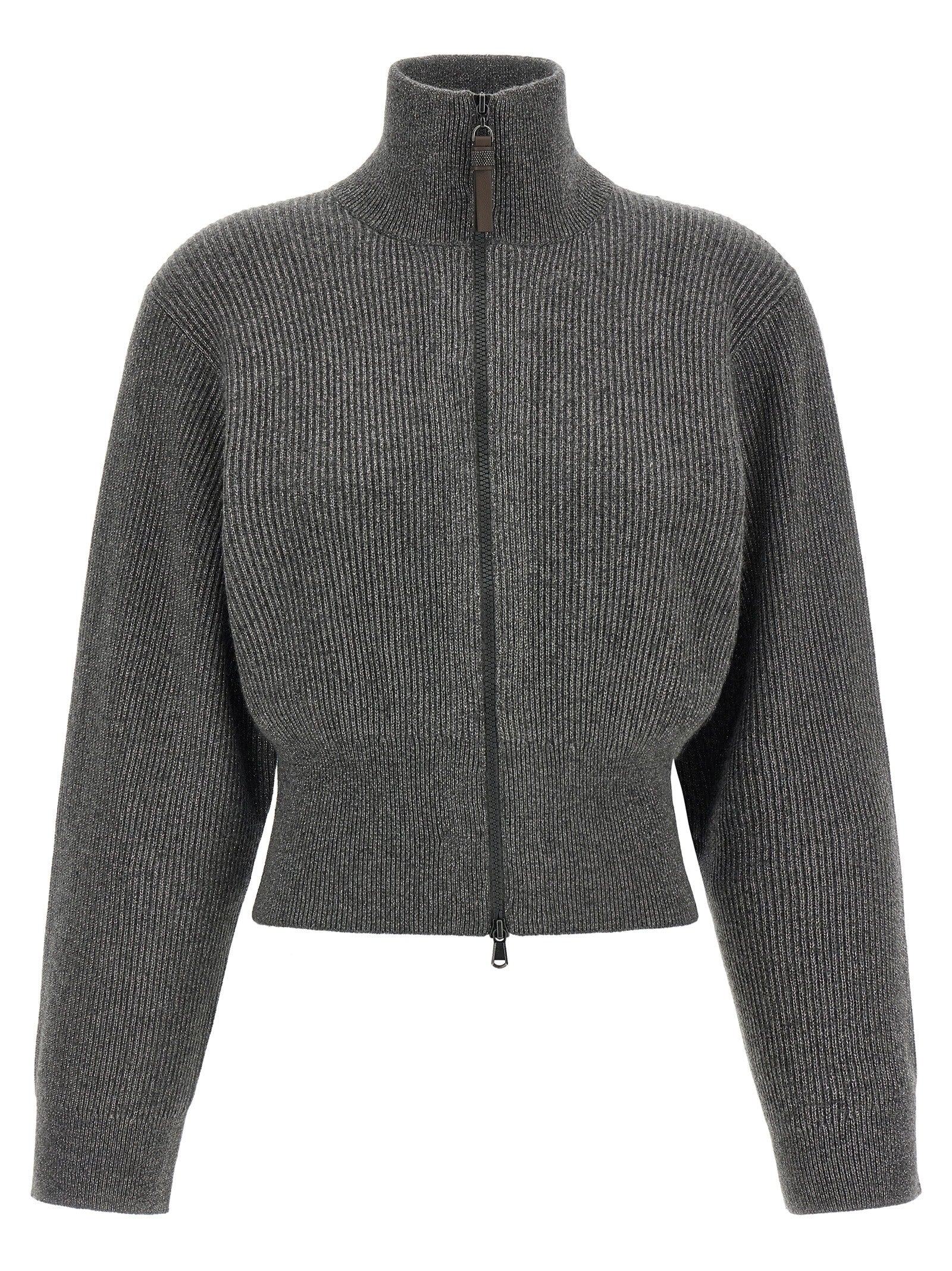 Discover the Brunello Cucinelli Gray Cashmere Cardigan, a luxurious blend of cashmere and metallic fibers, embodying modern elegance and timeless sophistication.