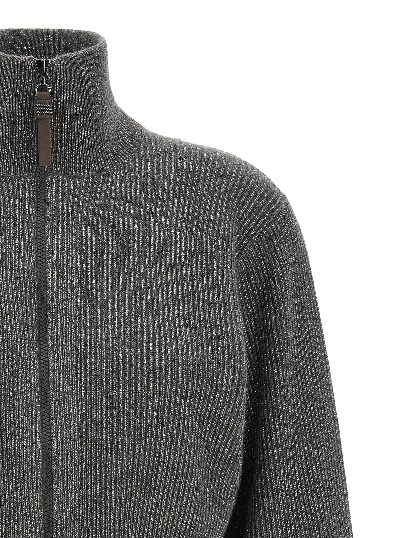 Indulge in the exquisite Brunello Cucinelli Gray Cashmere Cardigan, a luxurious blend of cashmere and metallic fibers, embodying modern elegance and timeless sophistication.