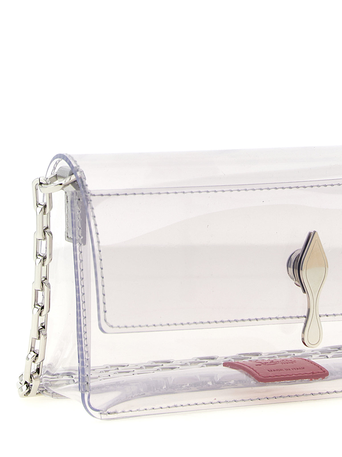 Indulge in the exquisite allure of the Christian Louboutin Silver PVC Clutch Bag, a masterpiece of Italian craftsmanship that embodies timeless elegance and sophisticated versatility.