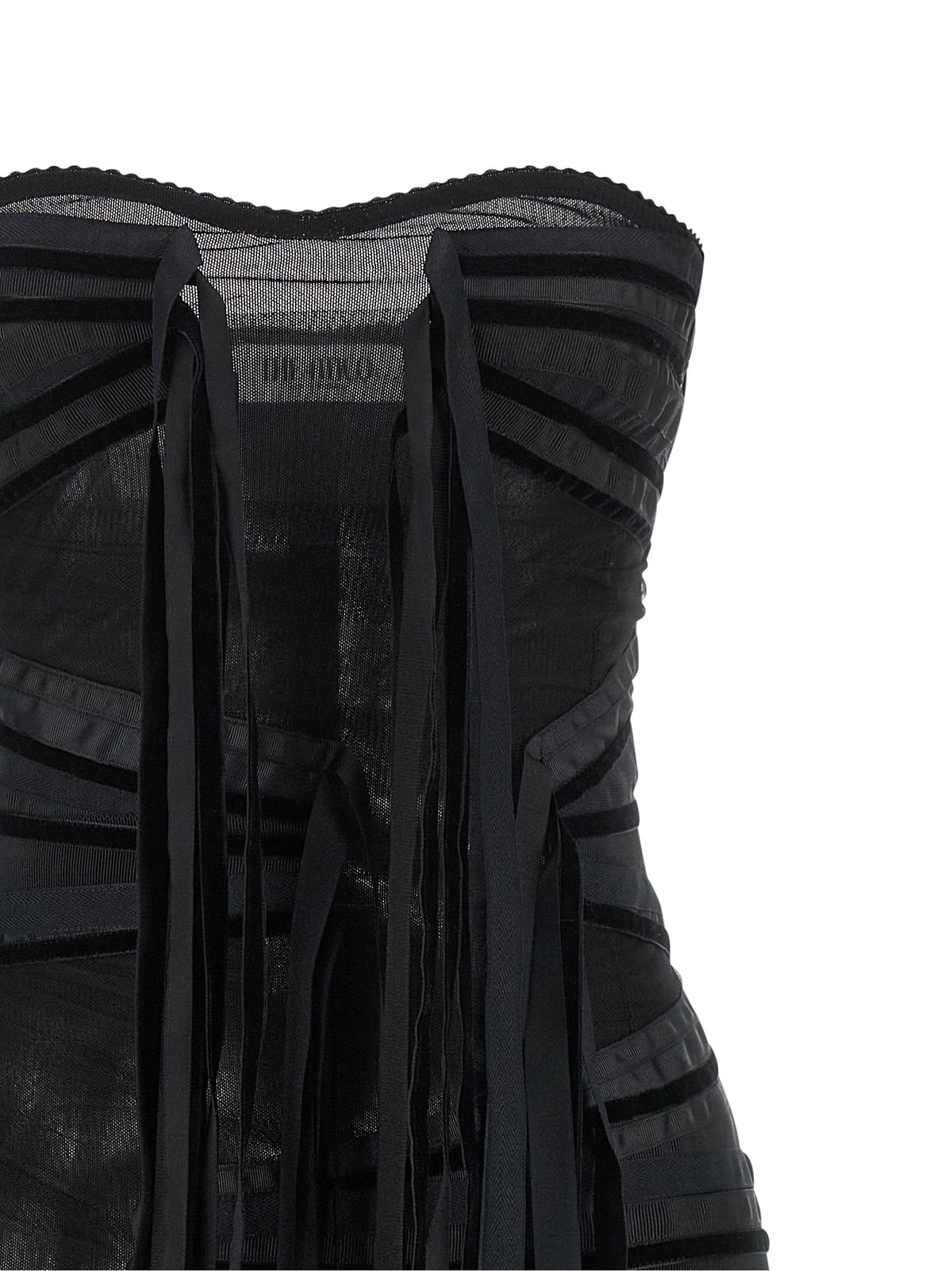 Discover the allure of The Attico Black Polyamide Short Dress, a masterpiece of semi-transparent tulle and velvet bands, designed to elevate your evening elegance.