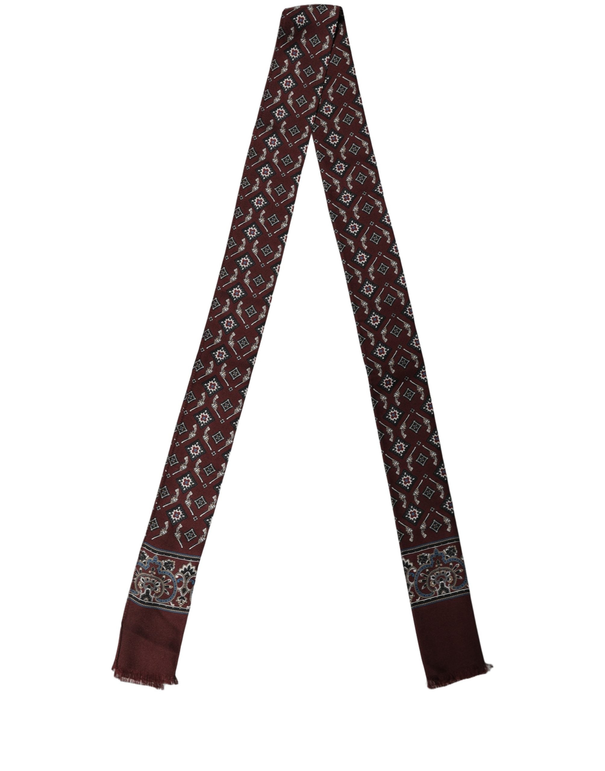 Dolce & Gabbana Burgundy Silk Skinny Scarf with Fringed Ends