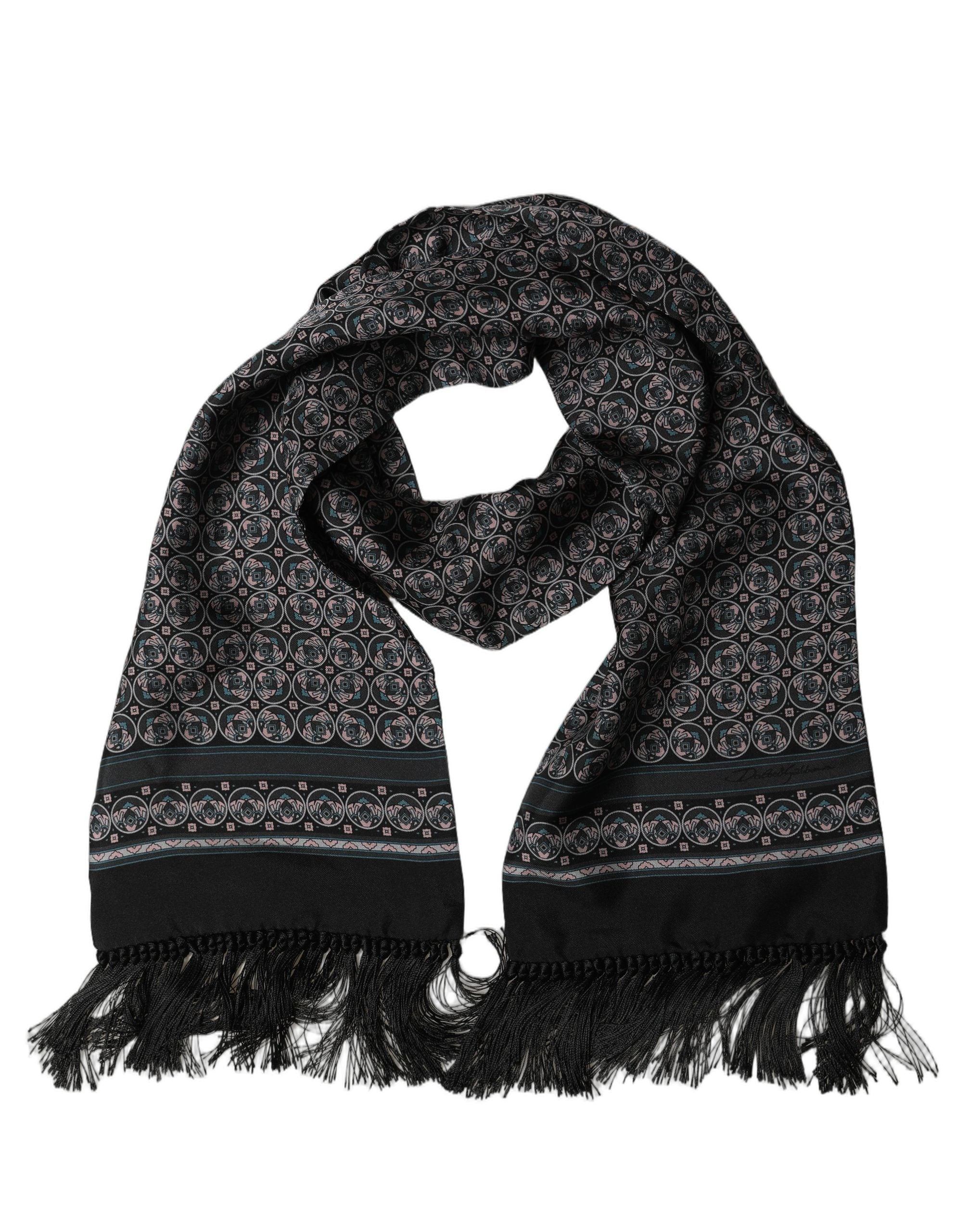 Dolce & Gabbana Black Silk Geometric Fringed Shawl Scarf