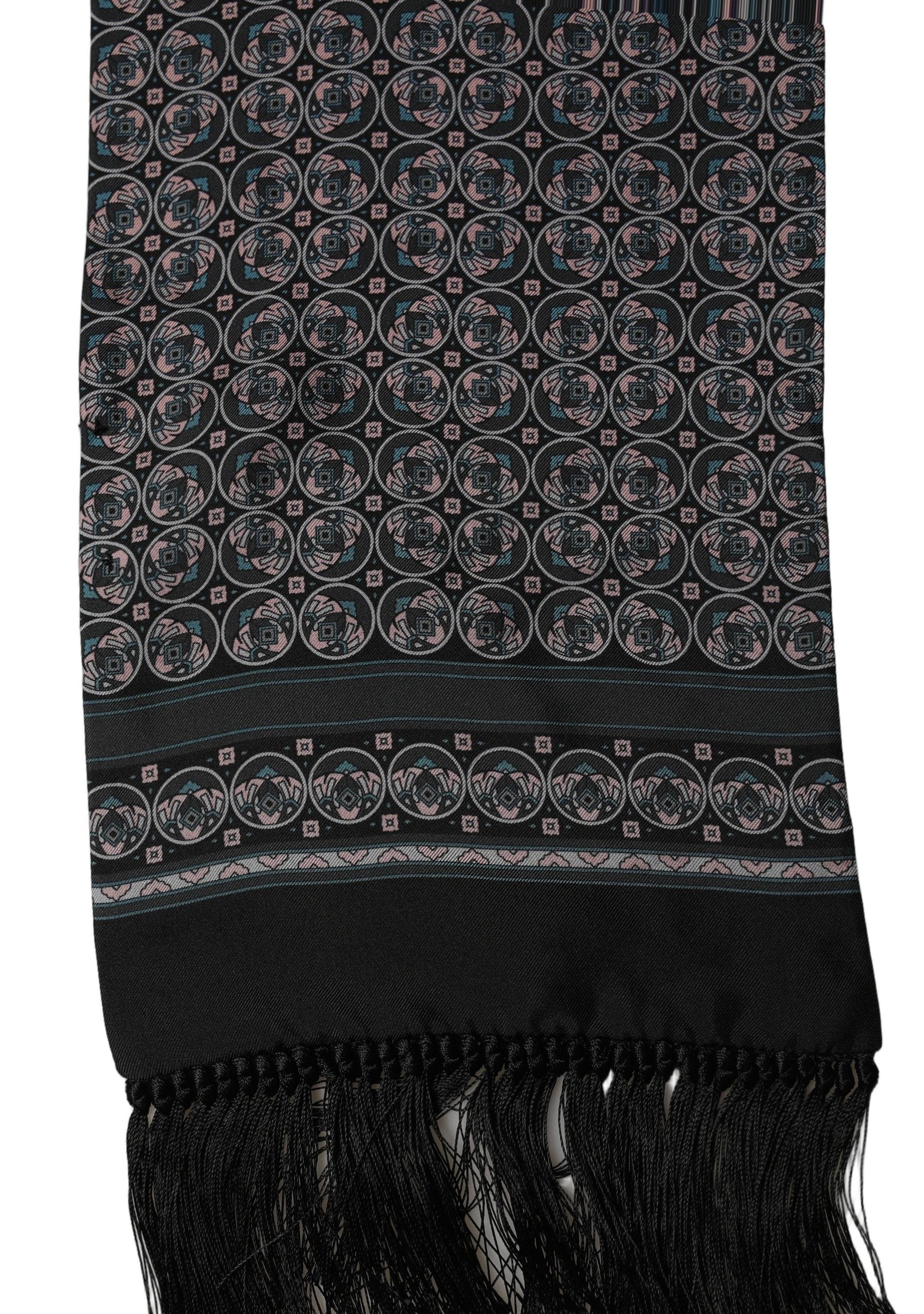 Dolce & Gabbana Black Silk Geometric Fringed Shawl Scarf