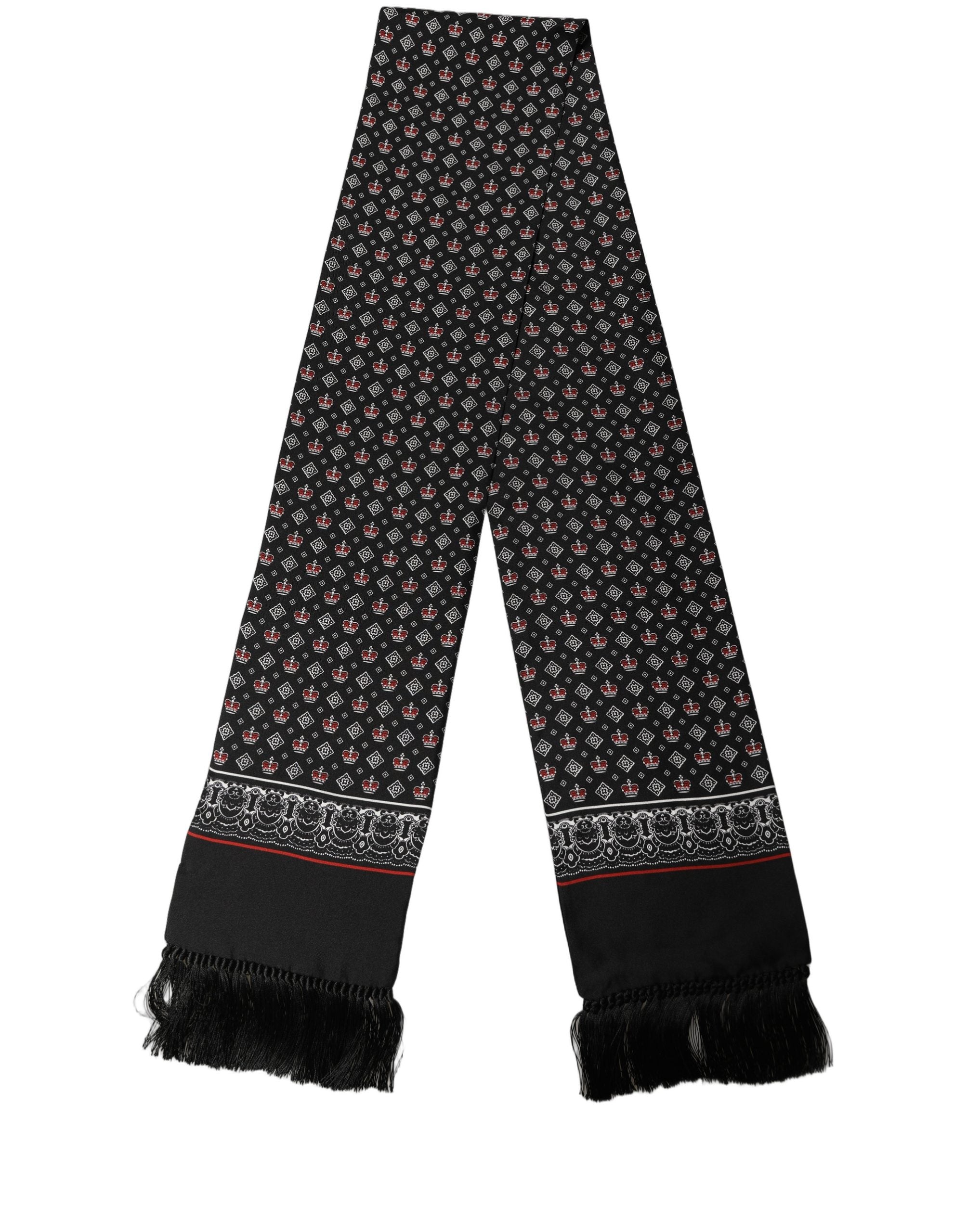 Dolce & Gabbana Black Silk Crown Fringed Shawl Scarf