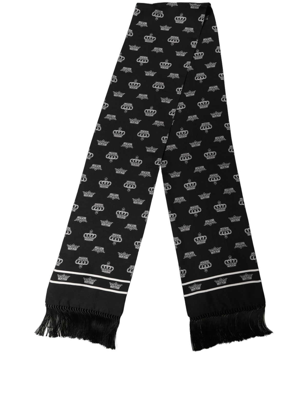 Dolce & Gabbana Black Silk Crown Fringed Shawl Scarf