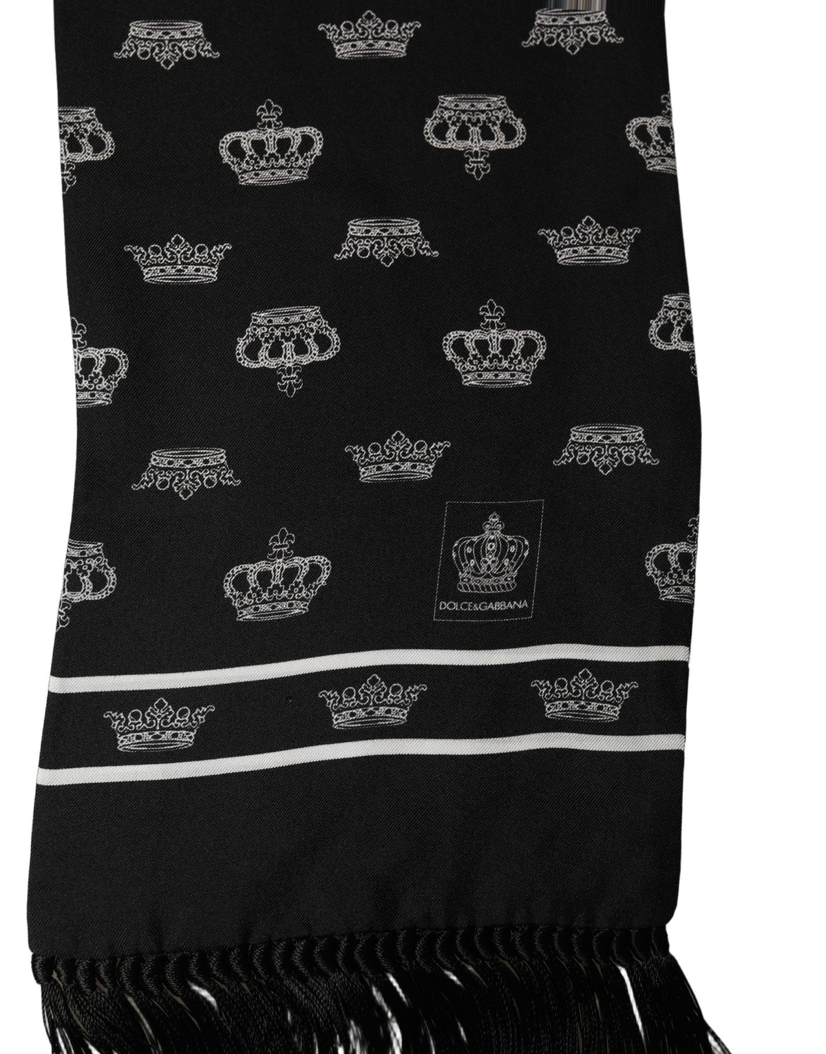 Dolce & Gabbana Black Silk Crown Fringed Shawl Scarf