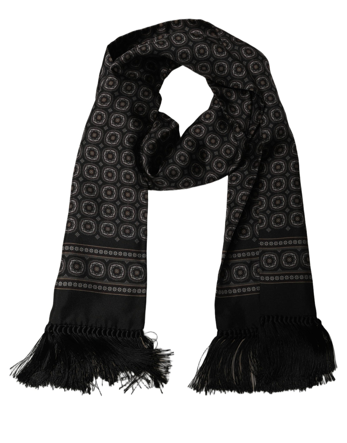 Dolce & Gabbana Black Silk Geometric Fringed Shawl Scarf