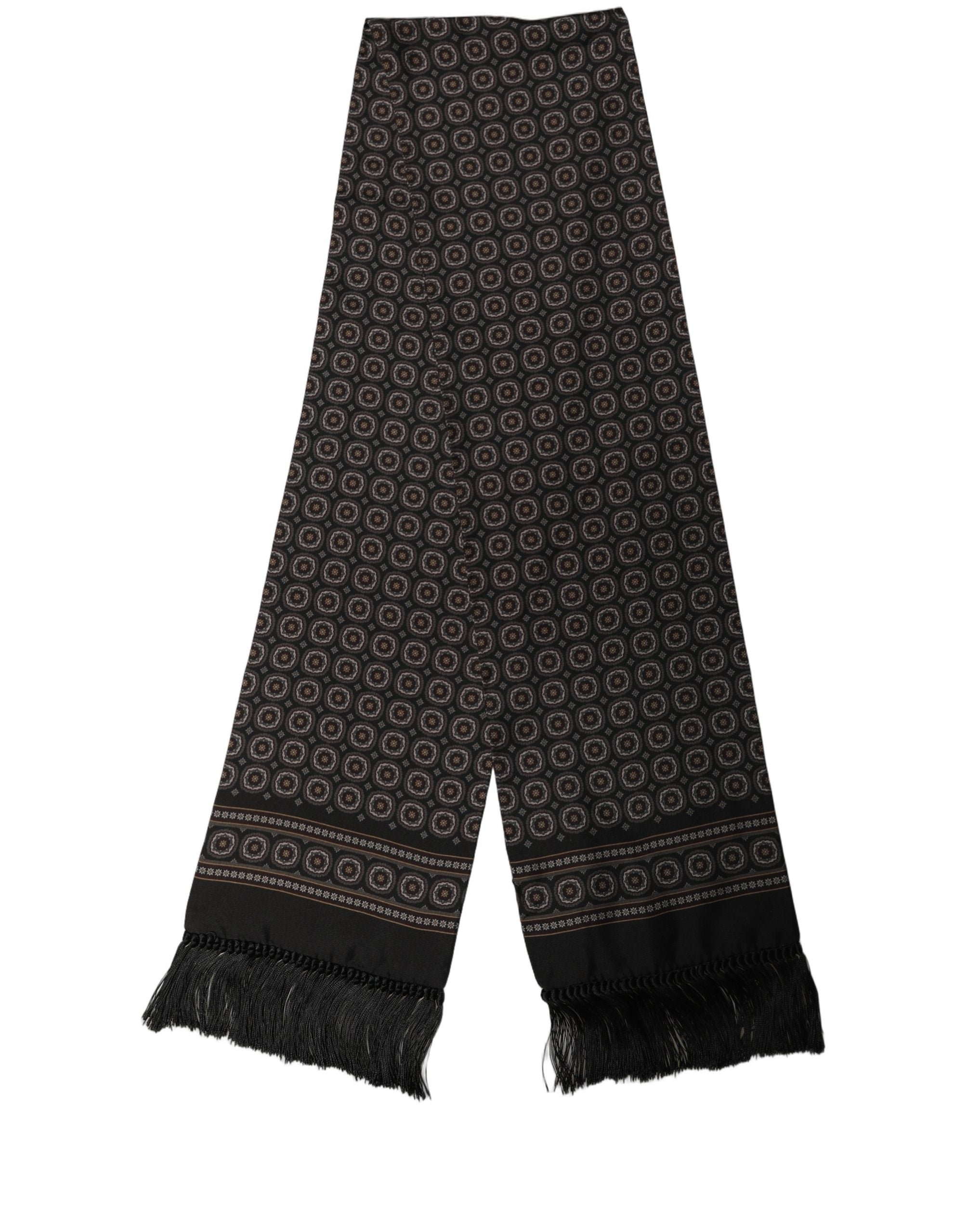 Dolce & Gabbana Black Silk Geometric Fringed Shawl Scarf
