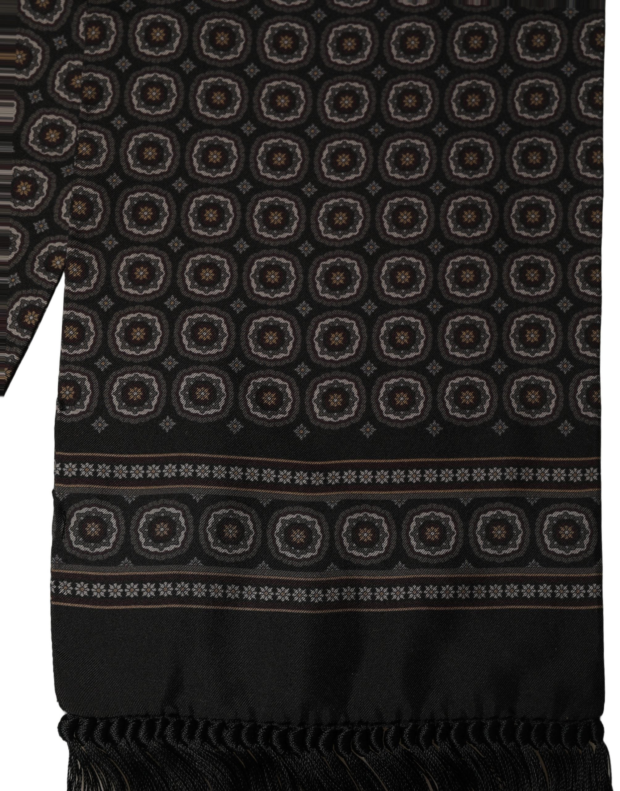 Dolce & Gabbana Black Silk Geometric Fringed Shawl Scarf
