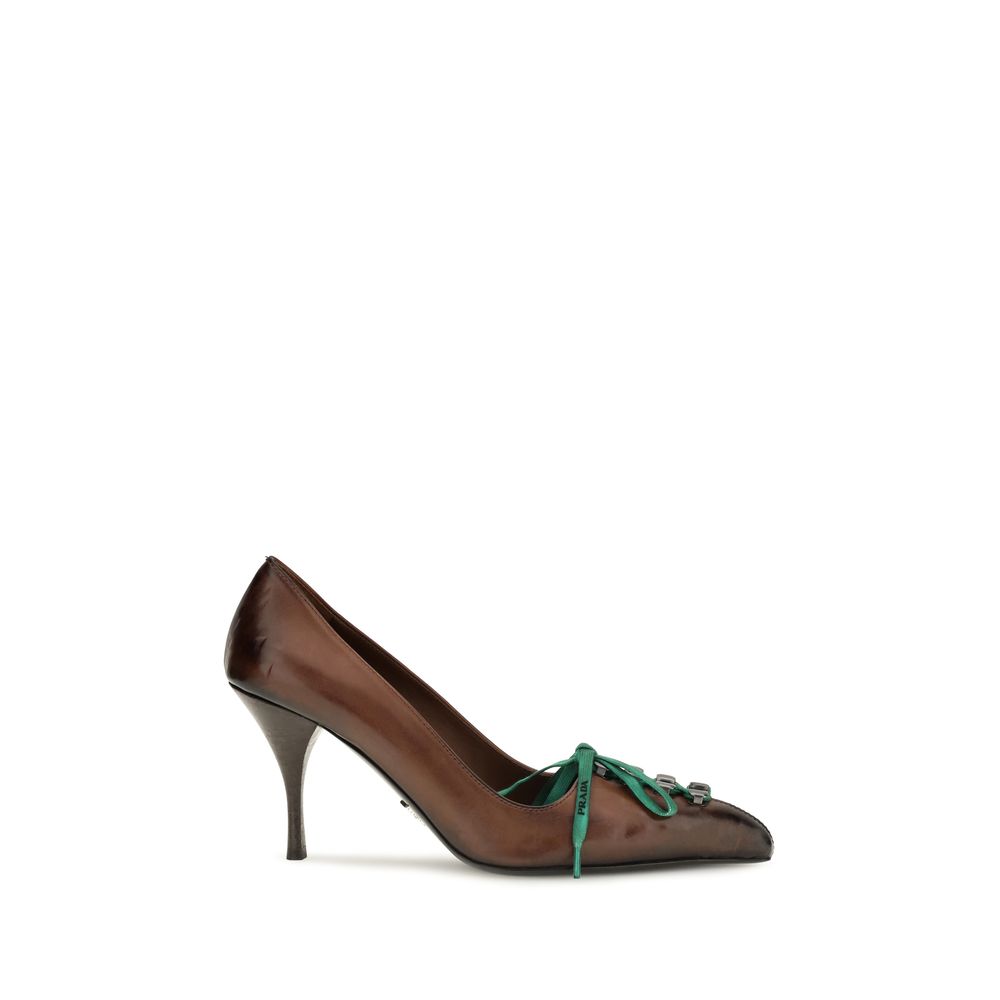 Elevate your style with Prada's Brown Calf Leather Bos Taurus Lace-Up Pumps, where exquisite craftsmanship meets timeless elegance for the discerning individual.