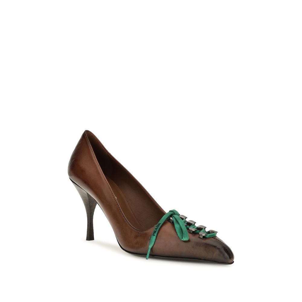 Indulge in the exquisite Prada Brown Calf Leather Bos Taurus Lace-Up Pumps, where luxurious craftsmanship meets timeless elegance for the discerning individual.