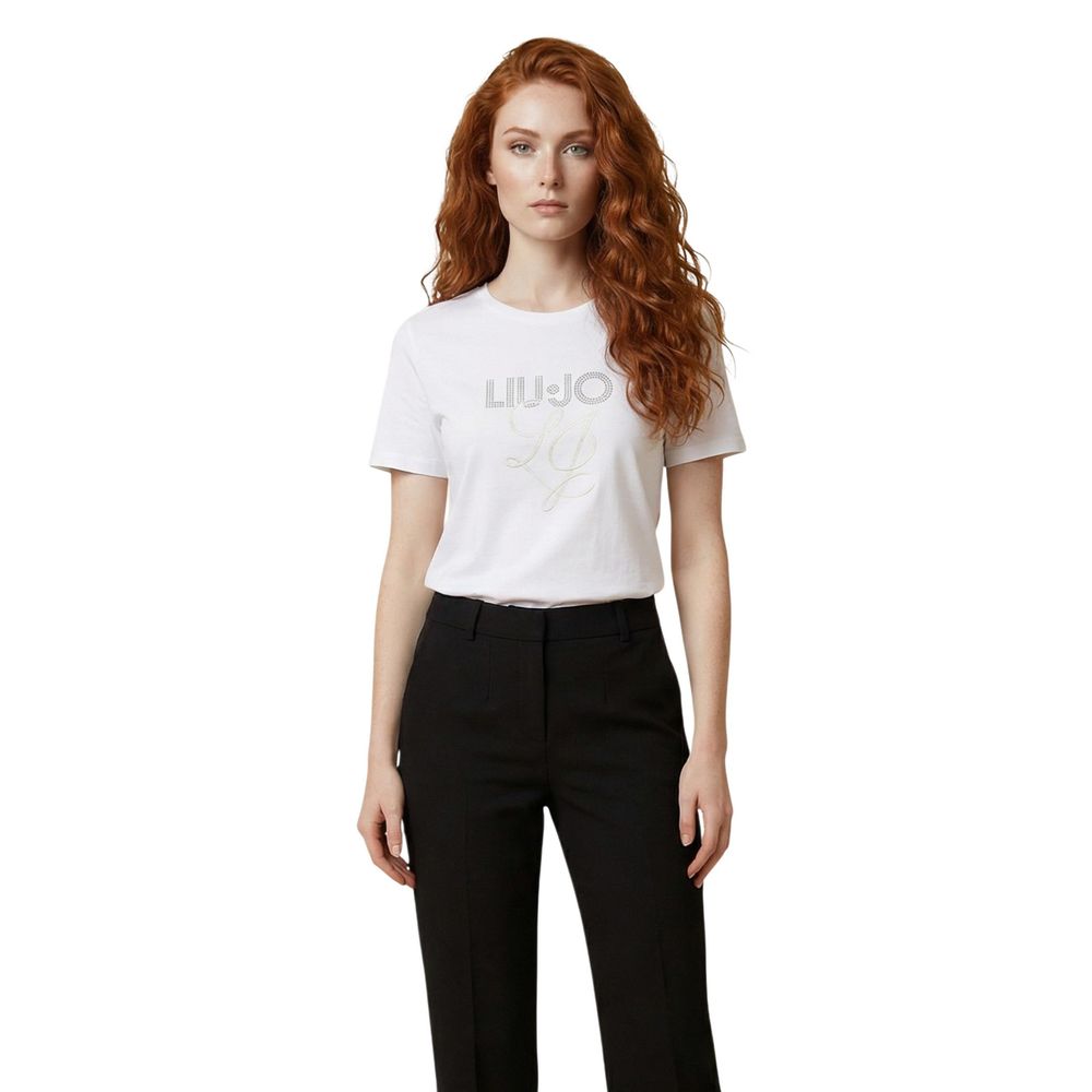 Indulge in the Liu Jo White Cotton T-Shirt, a luxurious wardrobe essential crafted from 100% high-quality cotton, perfect for effortless elegance in every occasion.