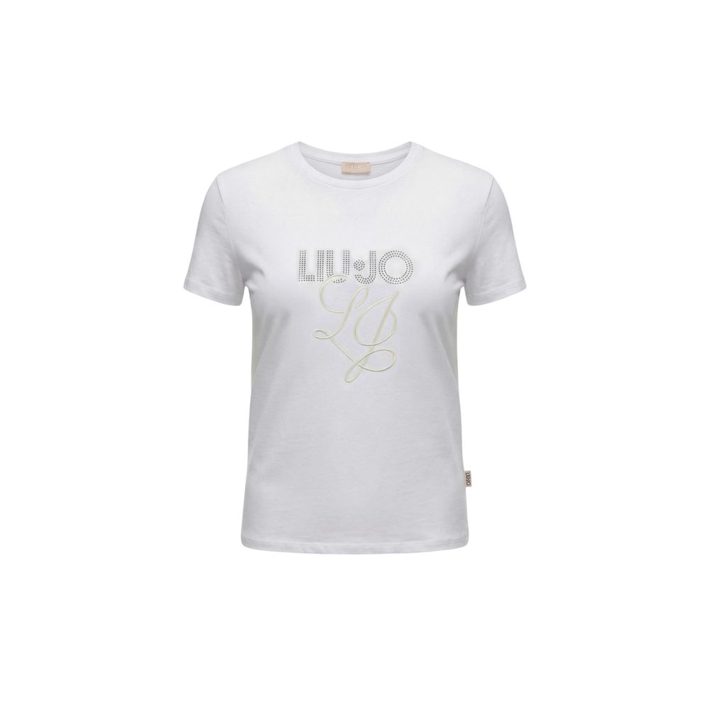 Indulge in the Liu Jo White Cotton T-Shirt, a luxurious wardrobe essential crafted from 100% high-quality cotton, embodying contemporary elegance with refined embellishments.