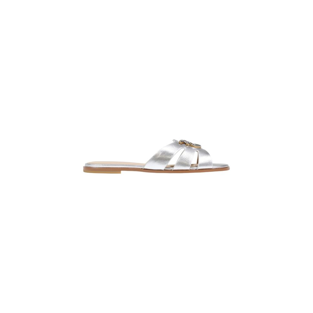 Elevate your summer elegance with PINKO White Leather Slippers, crafted from premium leather, blending sophistication and comfort for the discerning individual.