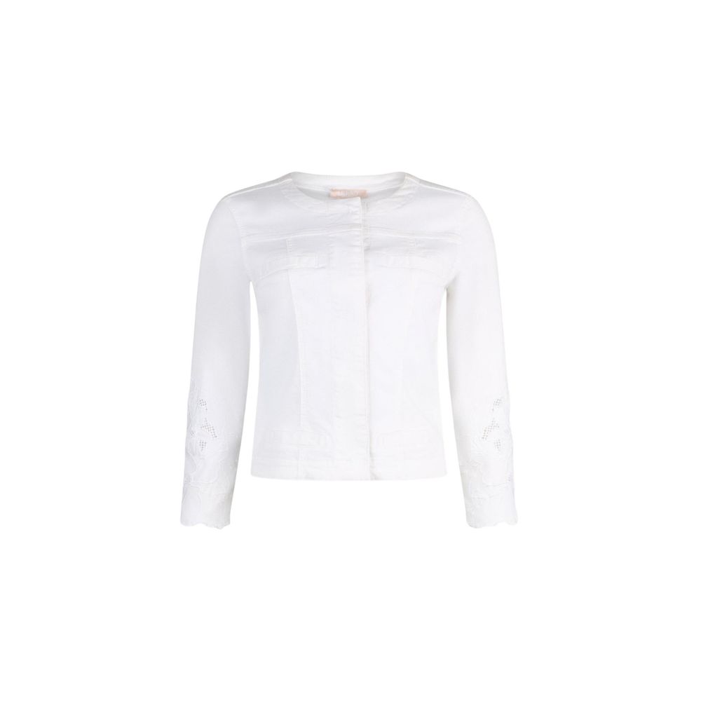 Elevate your wardrobe with the Liu Jo White Cotton Denim Jacket, a masterpiece of exquisite craftsmanship and floral elegance, perfect for any sophisticated occasion.