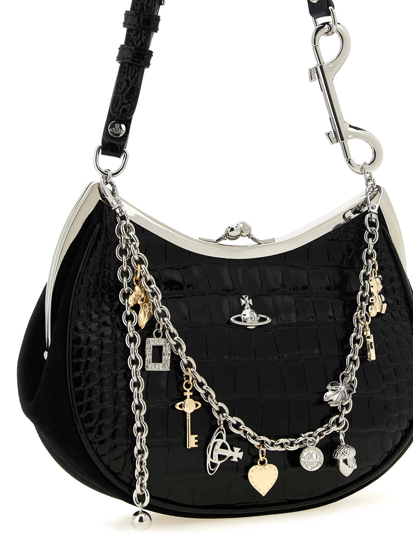 Elevate your style with the Vivienne Westwood Charm Frame shoulder bag, a luxurious calfskin masterpiece that marries vintage allure with modern sophistication.
