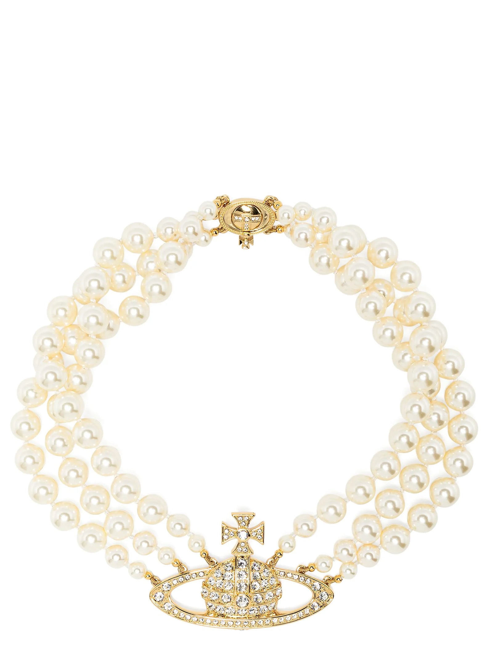 Vivienne Westwood Three Row Pearl Bas Relief Necklace in Gold