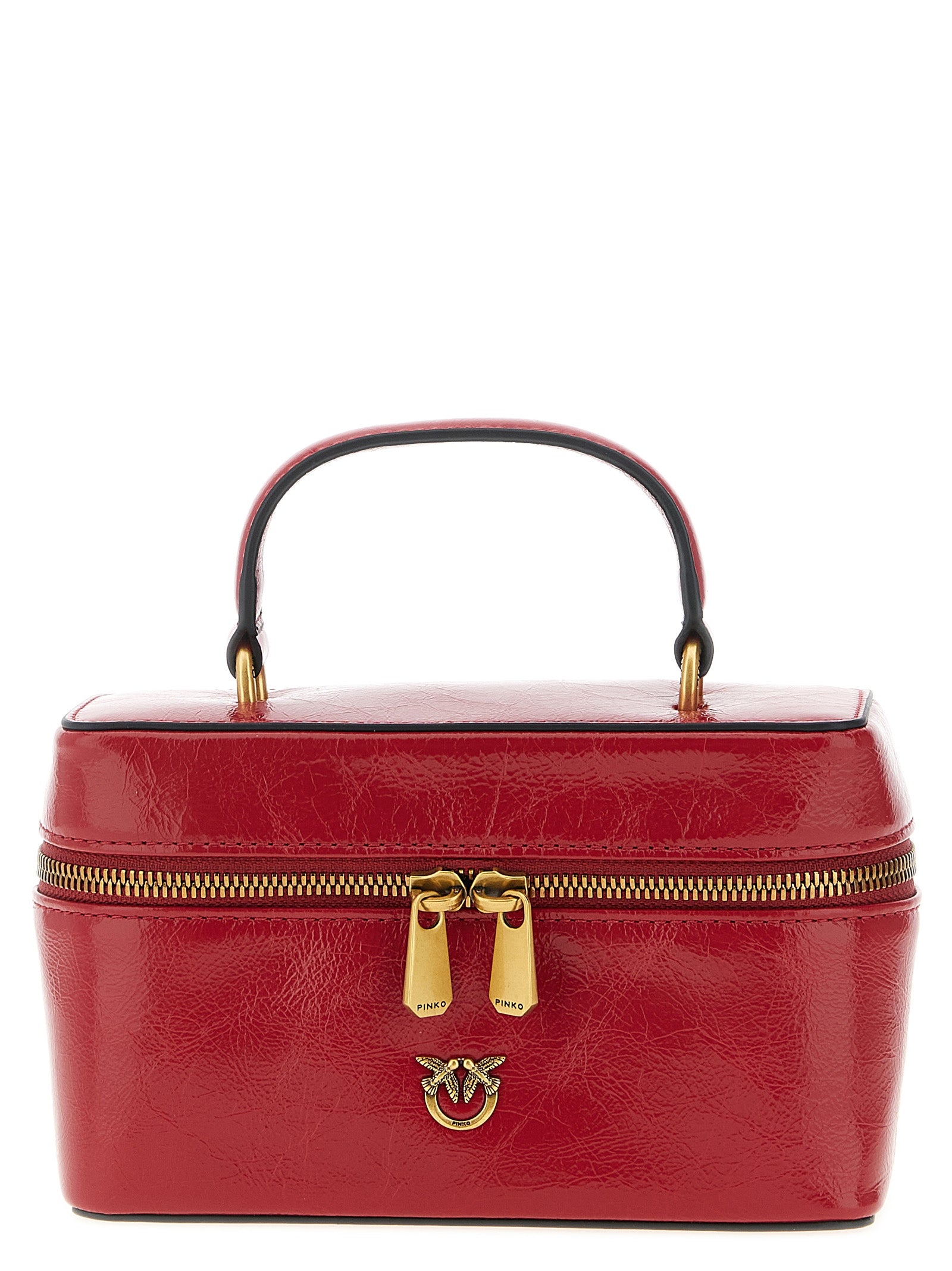 Elevate your style with PINKO's Vanity Soft Red Calfskin Crossbody Bag, a masterpiece of glossy elegance, perfect for those who embody luxury and sophistication.