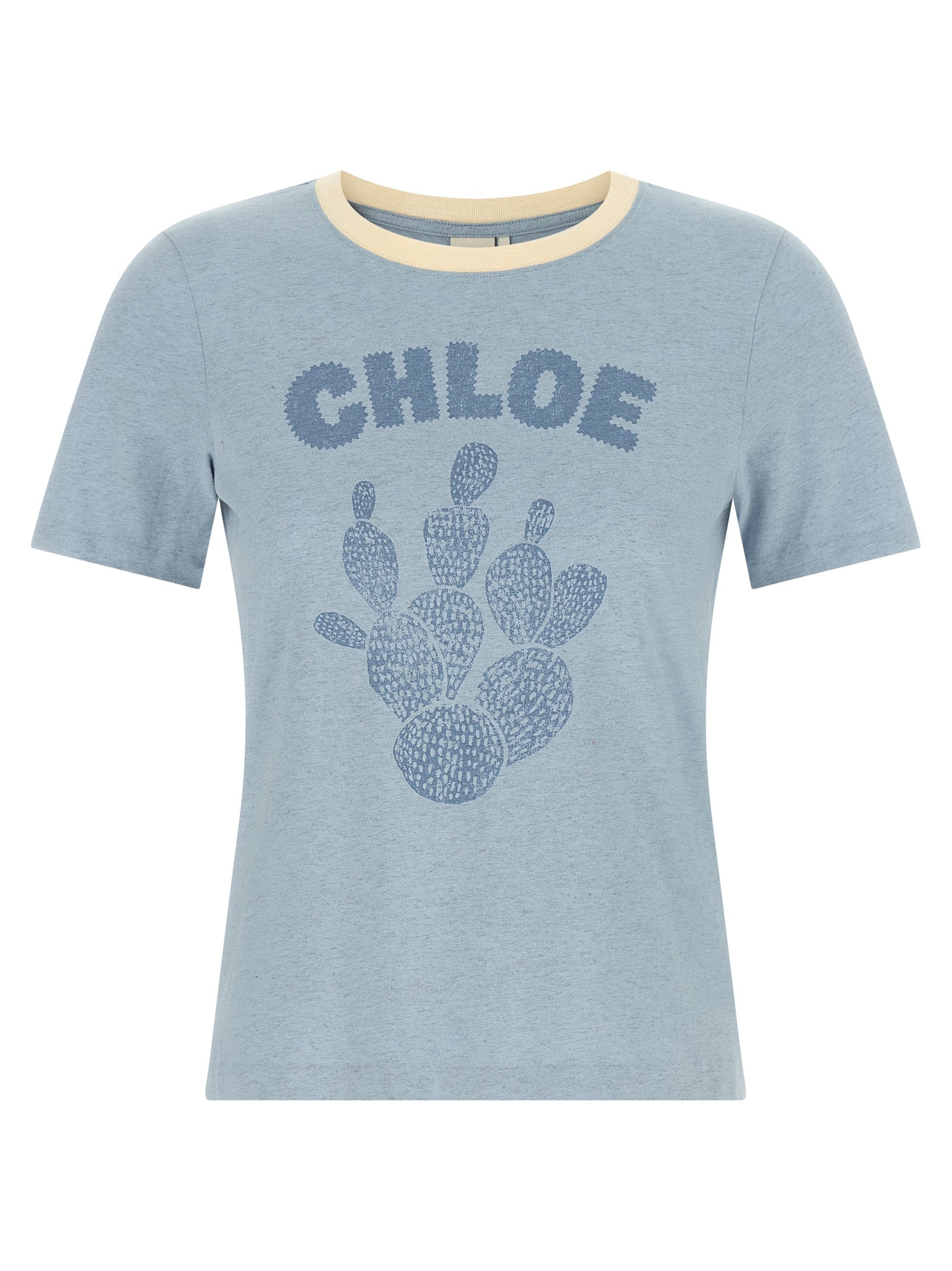 Elevate your wardrobe with the Chloé Blue Cotton T-Shirt, a blend of comfort and sophistication, featuring a bold logo and unique cactus motif for a chic, modern allure.