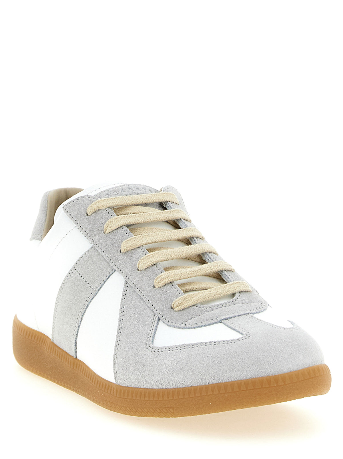 Experience the epitome of luxury with Maison Margiela White Calfskin Sneakers, crafted from premium leather and suede for a timeless, sophisticated statement.