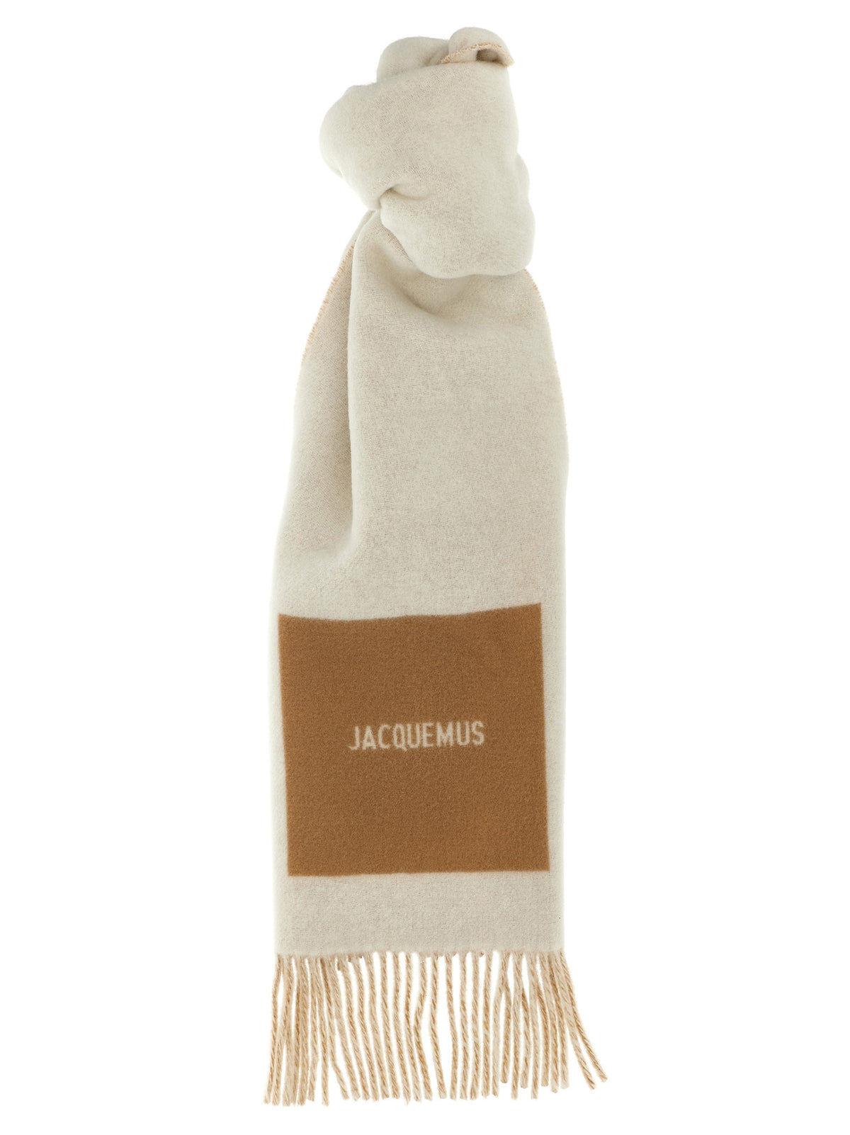 Indulge in the Jacquemus Beige Virgin Wool Foulard, a timeless accessory crafted from luxurious virgin wool, embodying elegance and sophistication for every occasion.