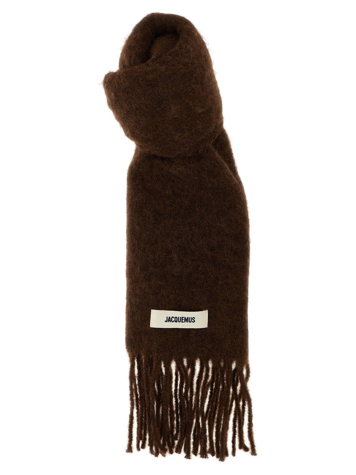 Indulge in the Jacquemus Brown Alpaca Leather Foulard, a luxurious blend of alpaca and wool, exuding warmth and sophistication for the discerning individual.