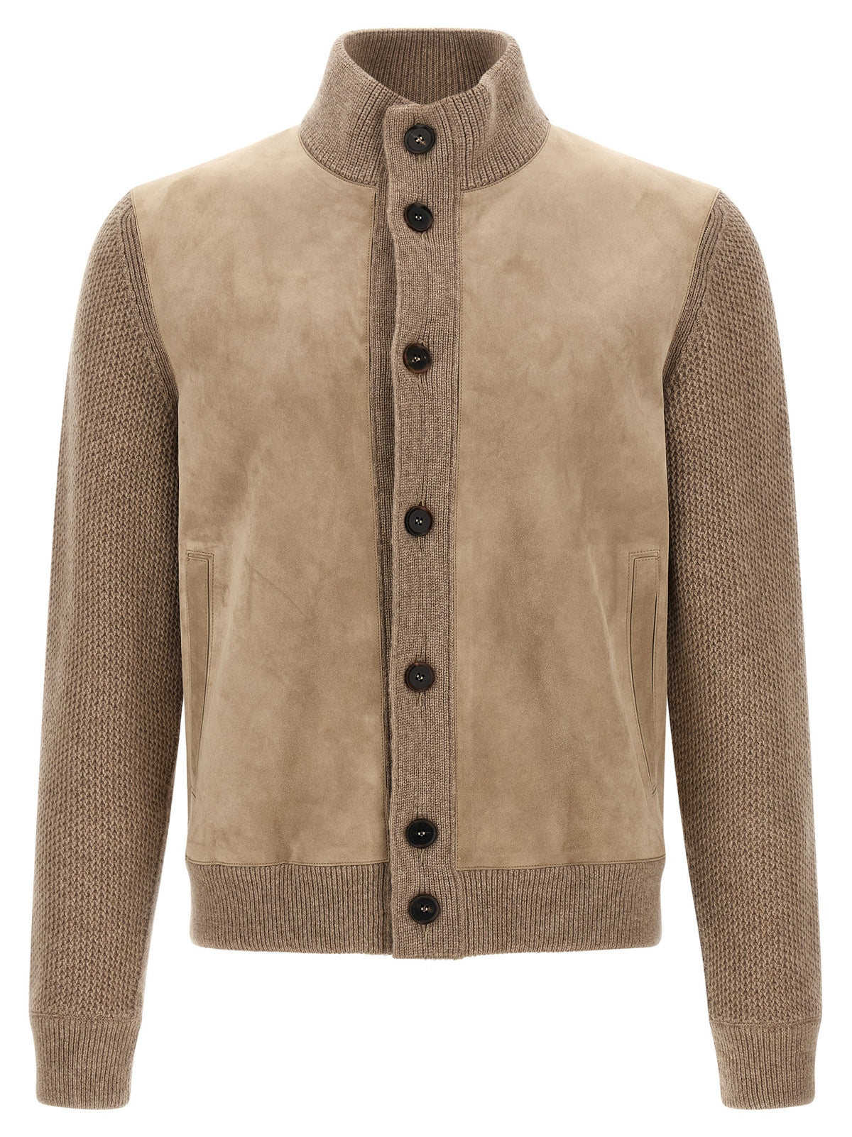 Indulge in the Zegna Beige Cashmere Cardigan, a masterpiece of hybrid craftsmanship, blending luxurious suede and cashmere for a refined, versatile statement in modern elegance.
