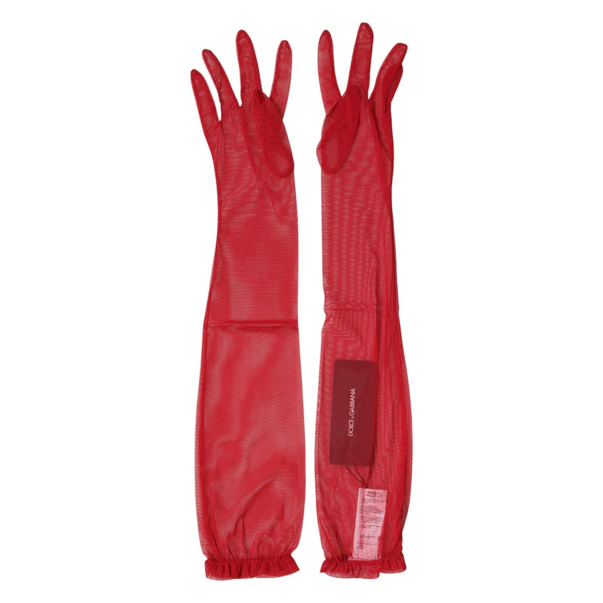 Indulge in the allure of Dolce & Gabbana's Red Acetate Sheer Elbow Length Mitten Gloves, where exquisite Italian craftsmanship meets modern elegance, enhancing your sophisticated style.