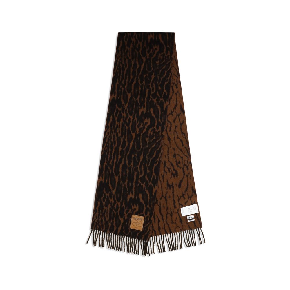 Elevate your style with the Ganni Brown Wool Oves Aries Scarf, crafted from luxurious Ovis Aries wool, featuring a chic leopard print for timeless sophistication.