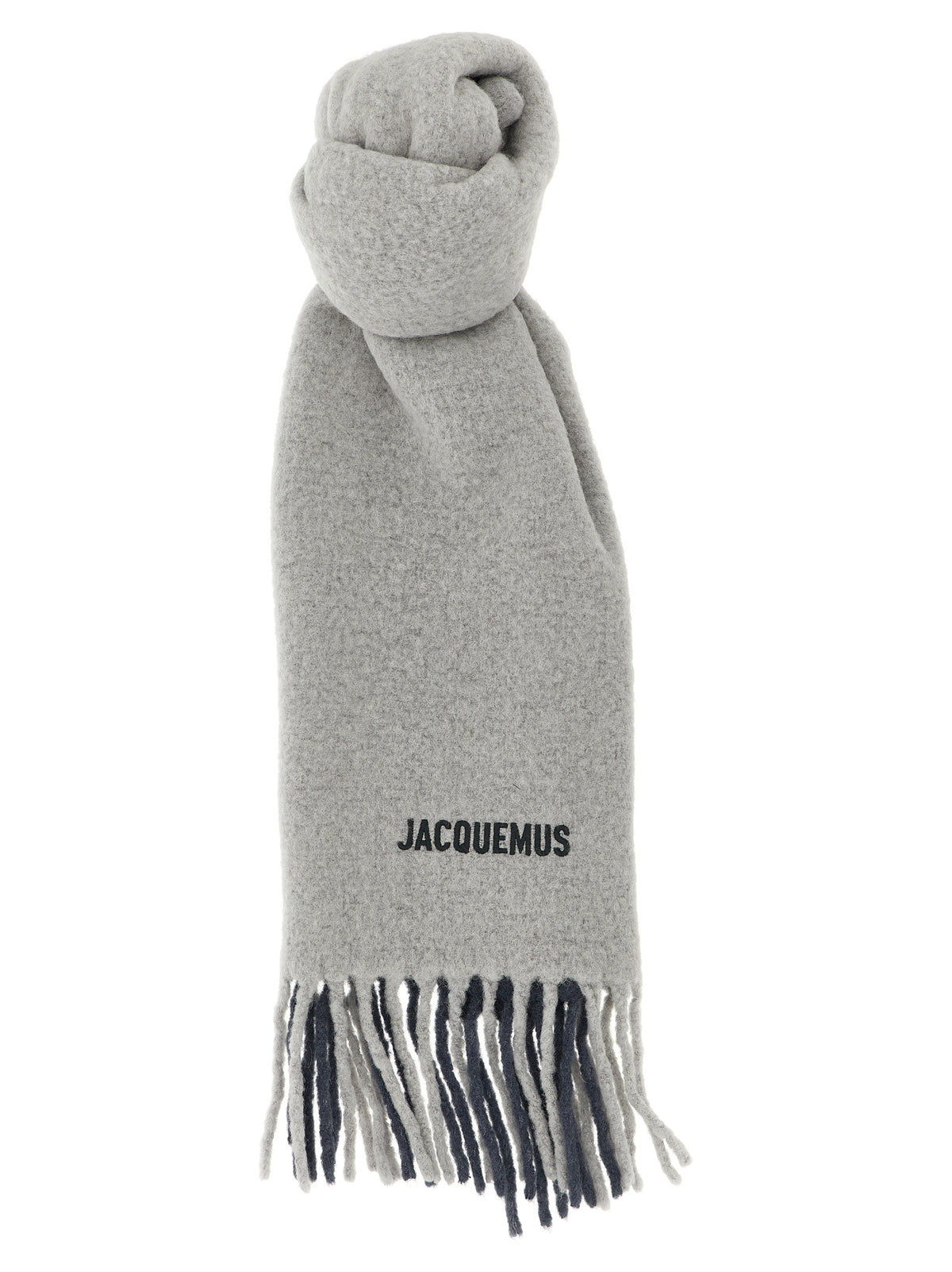 Indulge in the exquisite Jacquemus Gray Wool Scarf, a luxurious blend of degradé alpaca wool, where refined elegance meets versatile sophistication for the discerning individual.