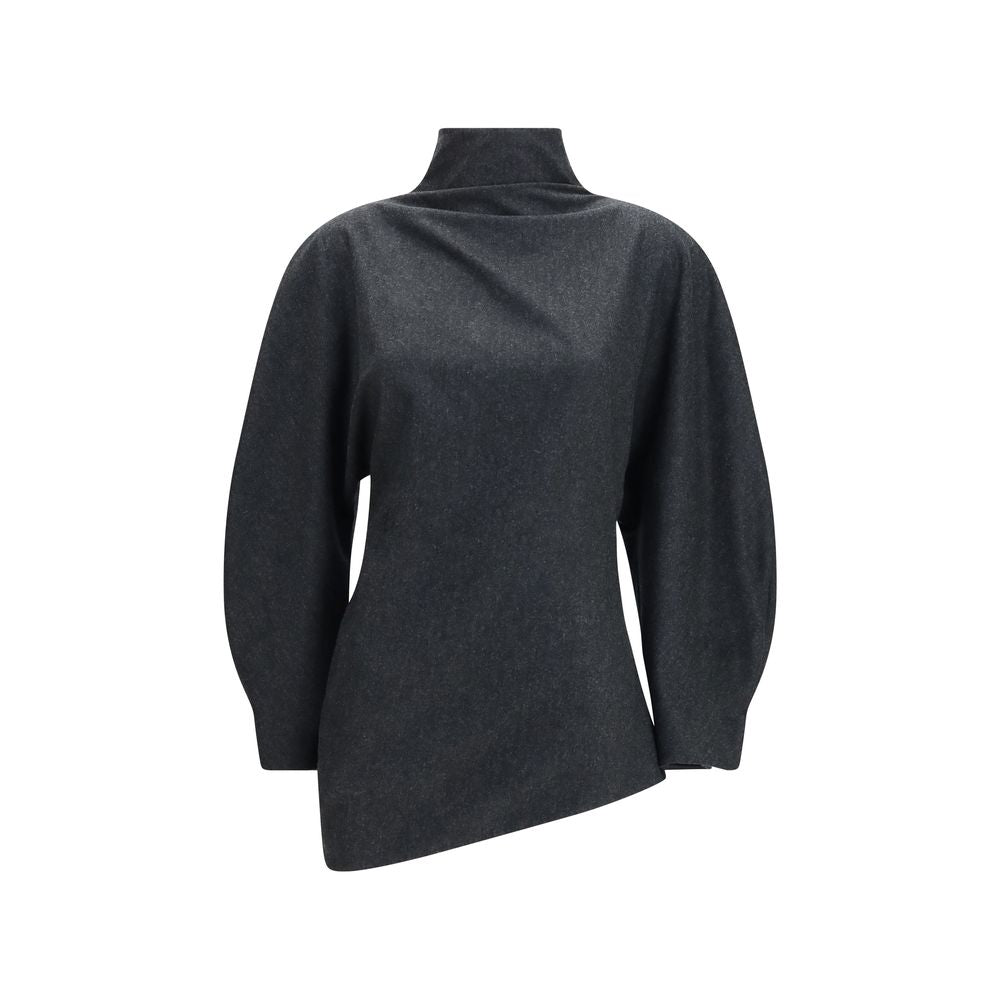Indulge in the exquisite elegance of the Khaite Gray Wool Oves Aries Blouse, crafted from luxurious Italian wool-cashmere, embodying timeless sophistication and fluid artistry.