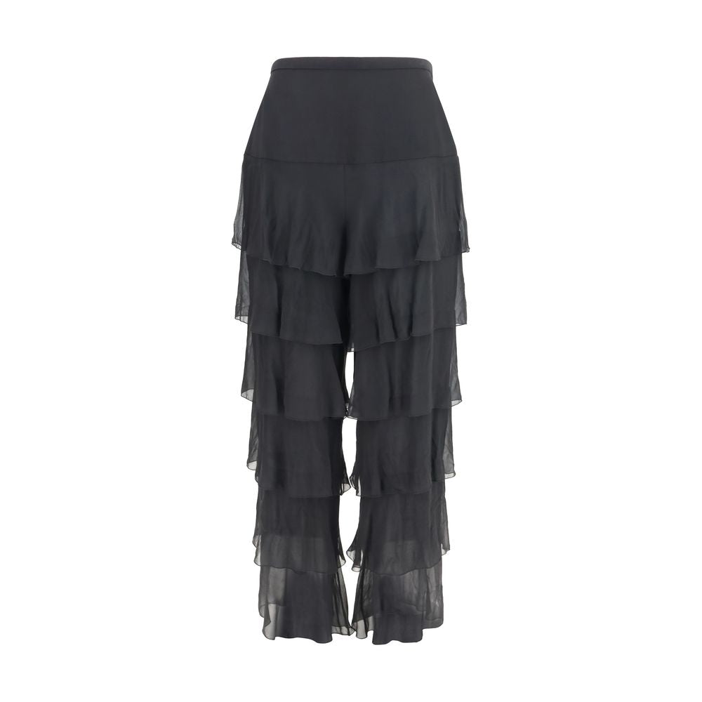 Indulge in the elegance of Valentino Garavani's Black Silk Casual Pants, a masterpiece of silk georgette with ruffled accents, embodying refined luxury for the discerning individual.