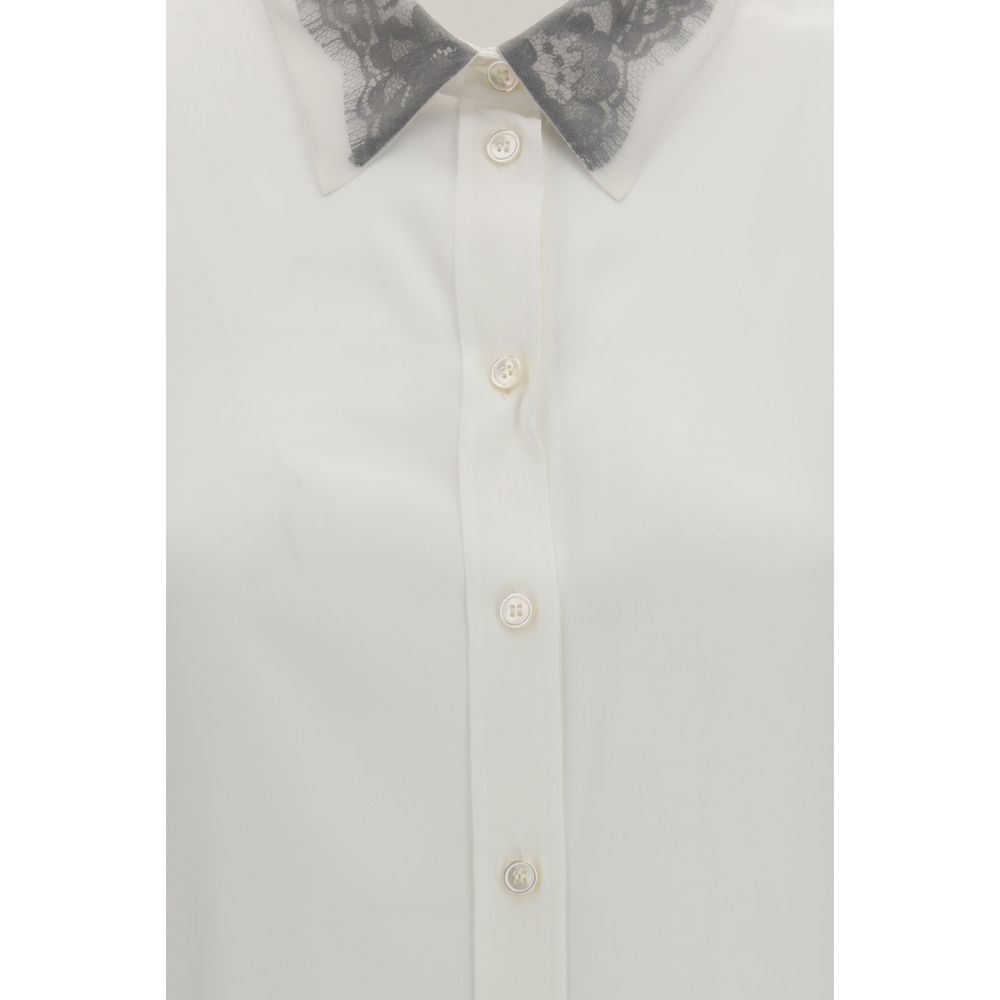 Elevate your wardrobe with the Alexander McQueen White Silk Dress Shirt, featuring exquisite floral lace and silk crêpe de chine, a timeless piece for the discerning individual.