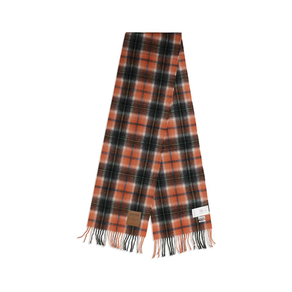 Elevate your style with the Ganni Orange Wool Oves Aries Foulard, a luxurious accessory crafted from 100% pure wool, perfect for both sophistication and warmth.