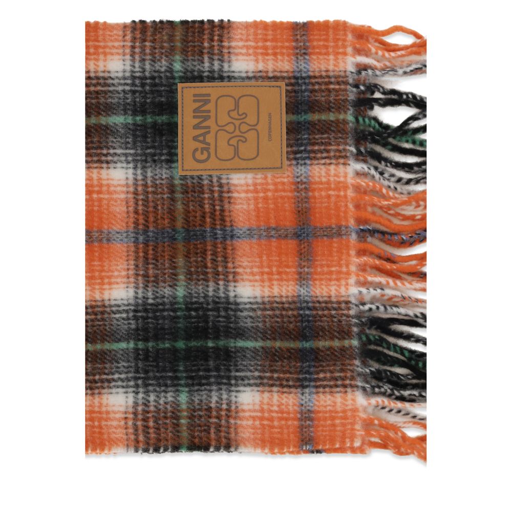 Elevate your style with the Ganni Orange Wool Oves Aries Foulard, a luxurious blend of 100% wool and striking design, perfect for sophisticated elegance in any season.