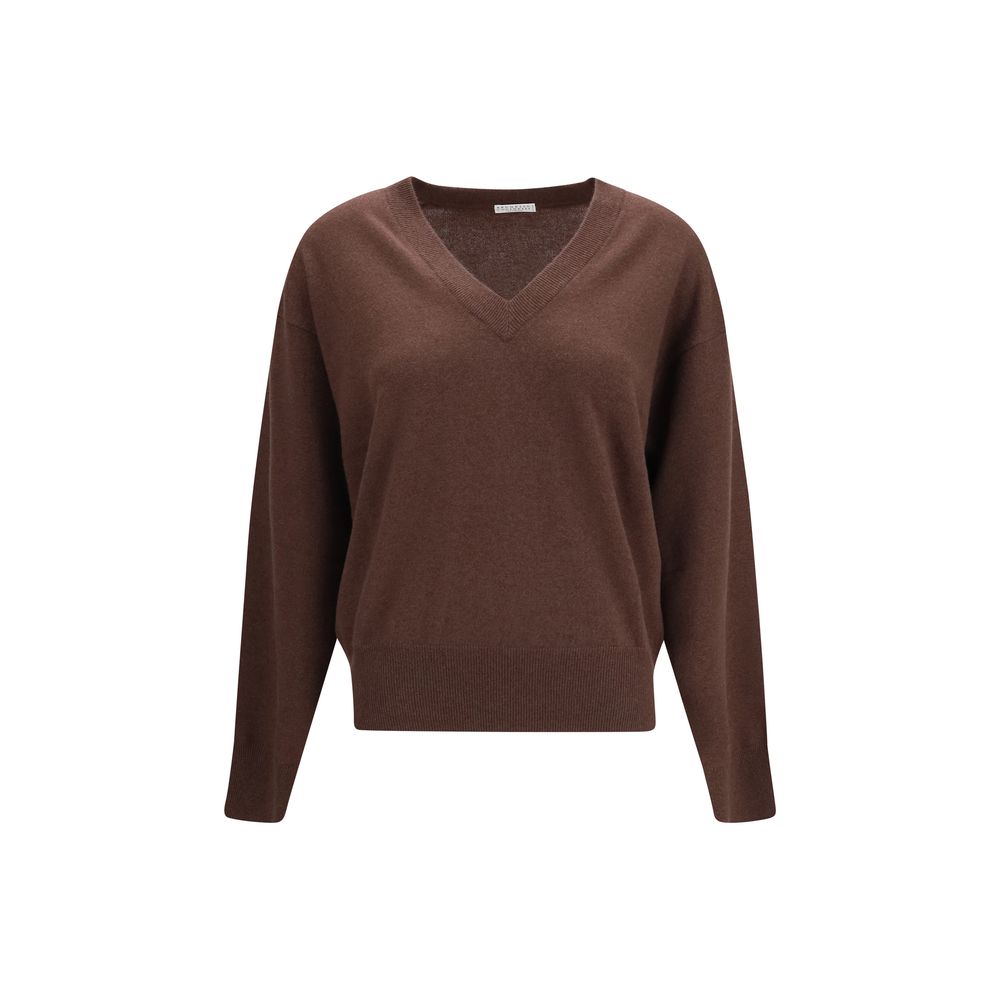 Indulge in the exquisite Brunello Cucinelli Brown Cashmere Sweater, crafted from pure cashmere for a luxurious embrace that elevates every occasion with timeless elegance.