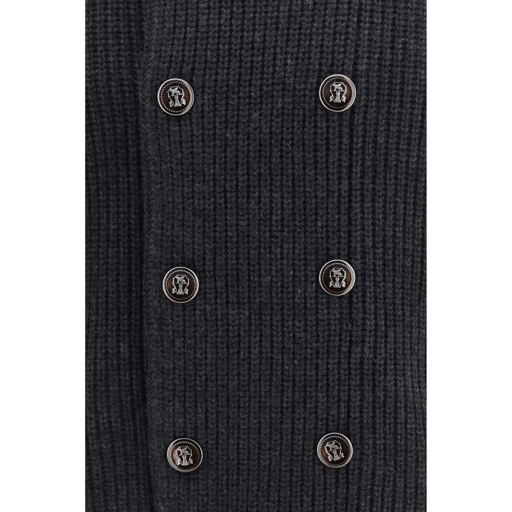 Indulge in the refined elegance of the Brunello Cucinelli Gray Cashmere Cardigan, crafted from 100% cashmere for unparalleled luxury and timeless sophistication.