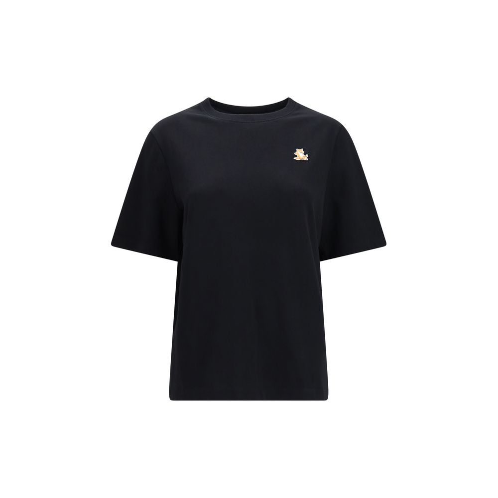 Indulge in the exquisite craftsmanship of the Maison Kitsuné Black Cotton T-Shirt, featuring a signature embroidered Chillax patch, perfect for the discerning wardrobe.